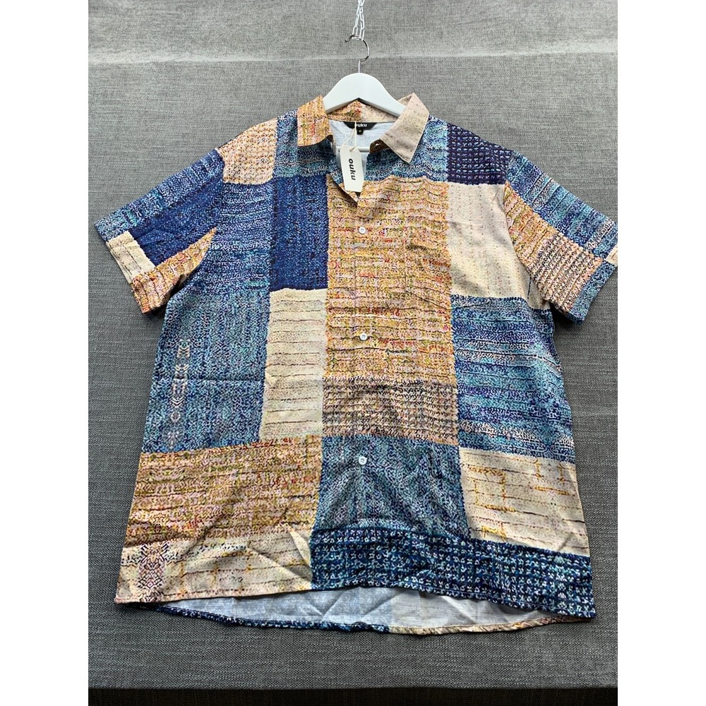 Ouku Patchwork Shirt Mens XL Multicolor Button Up Tropical‎ Vacation Holiday